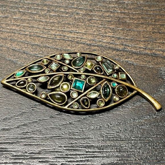 LARGE Multi Color Rhinestone Brass Color Leaf Brooch Pin 3” Fall Jewelry - Picture 4 of 8